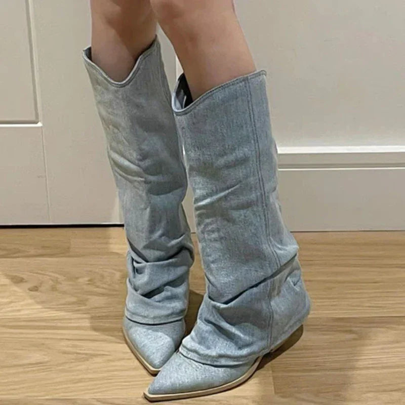 Bottes Genou Denim Élégantes pour Femmes