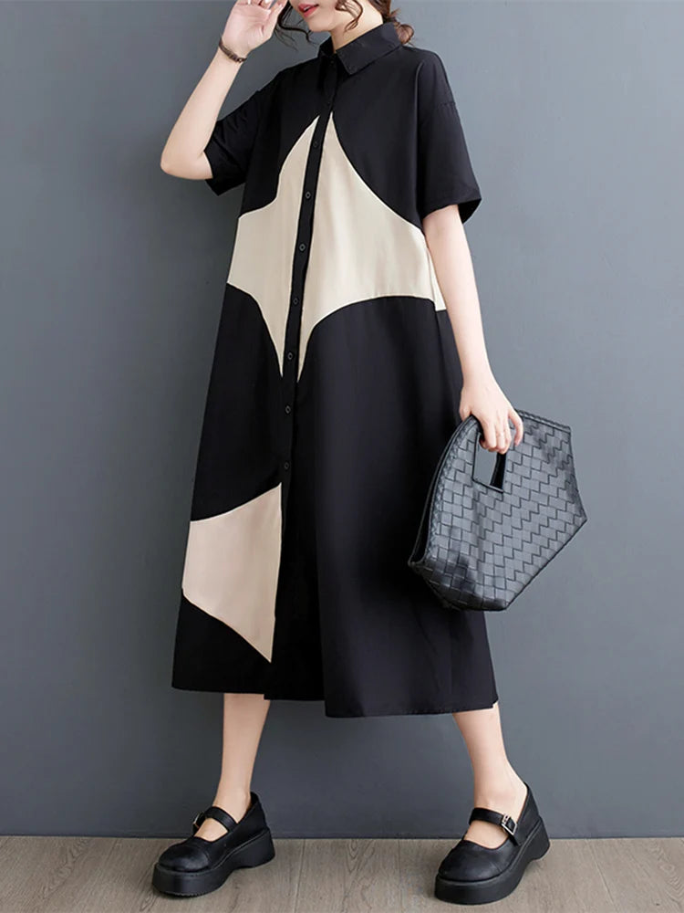 Robe Mi Longue Évasée Bicolore Chic Pour Femme