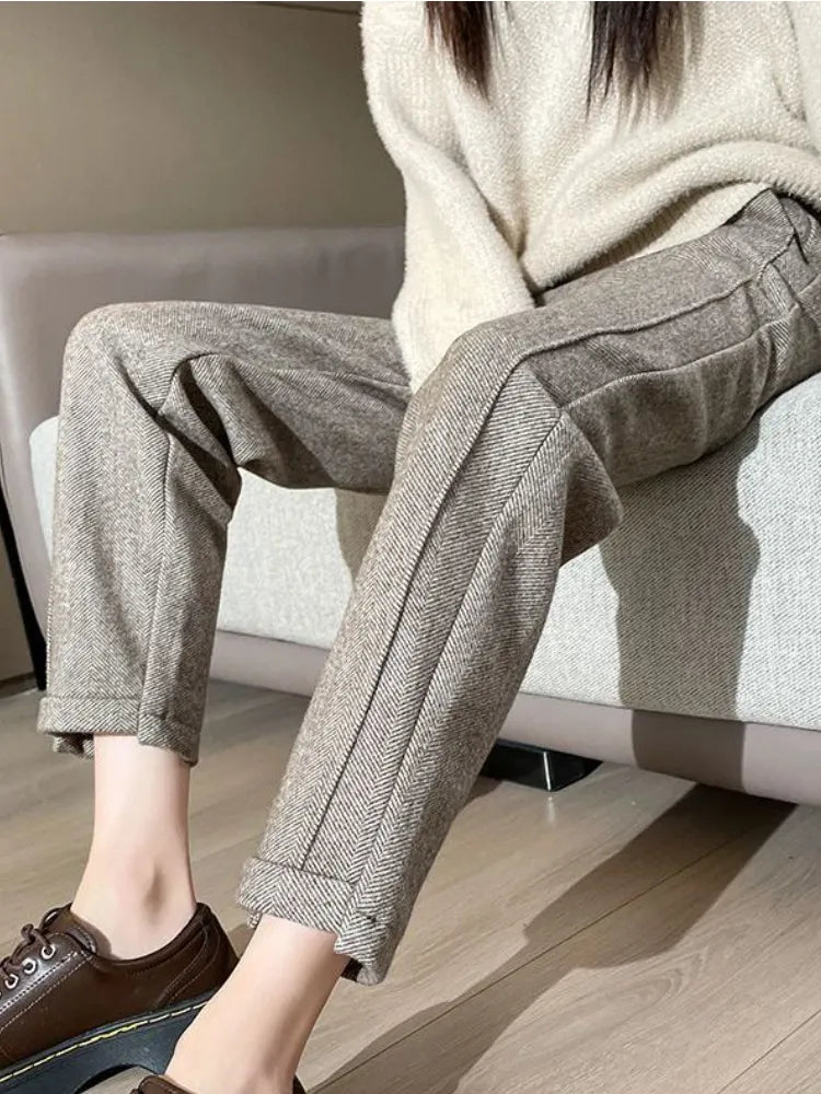 Pantalon élégant à taille haute en tweed de laine femmes