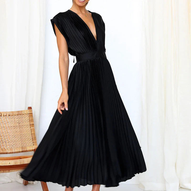 Robe Midi Plissée À Col V Chic Pour Femme