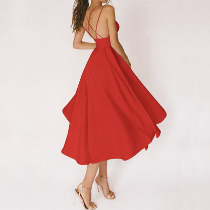 Robe Midi Évasée Sans Manches À Col V Sophistiquée Femme