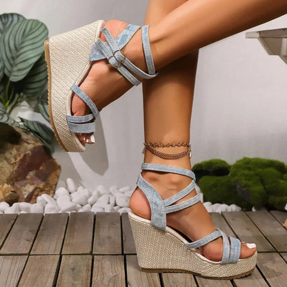 Sandales à talons compensés en denim femmes