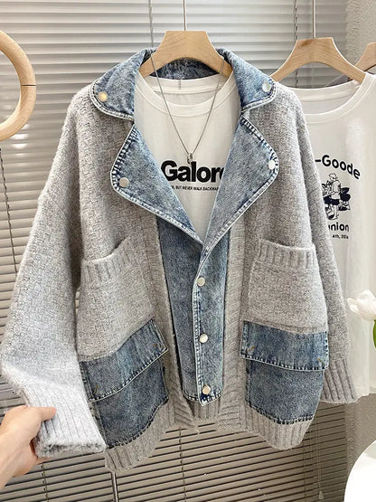 Femme Veste combinée en laine et denim avec poches