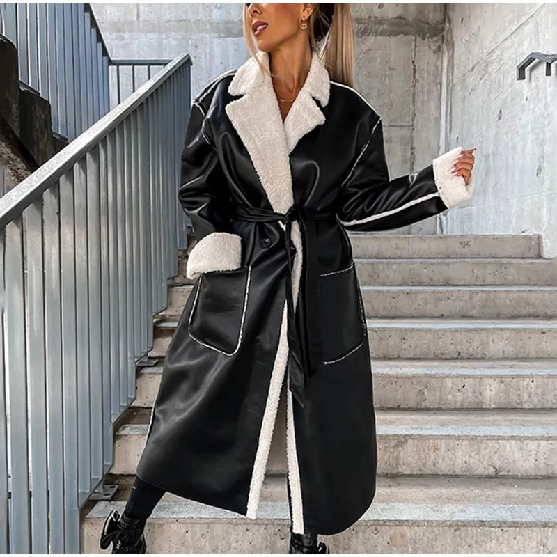 Veste Longue en Cuir avec Fourrure pour Femme