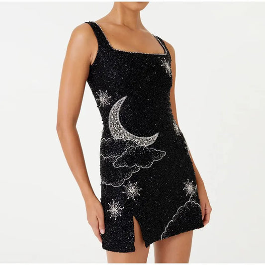 Mini Robe Noire à Sequins et Bretelles pour Femmes