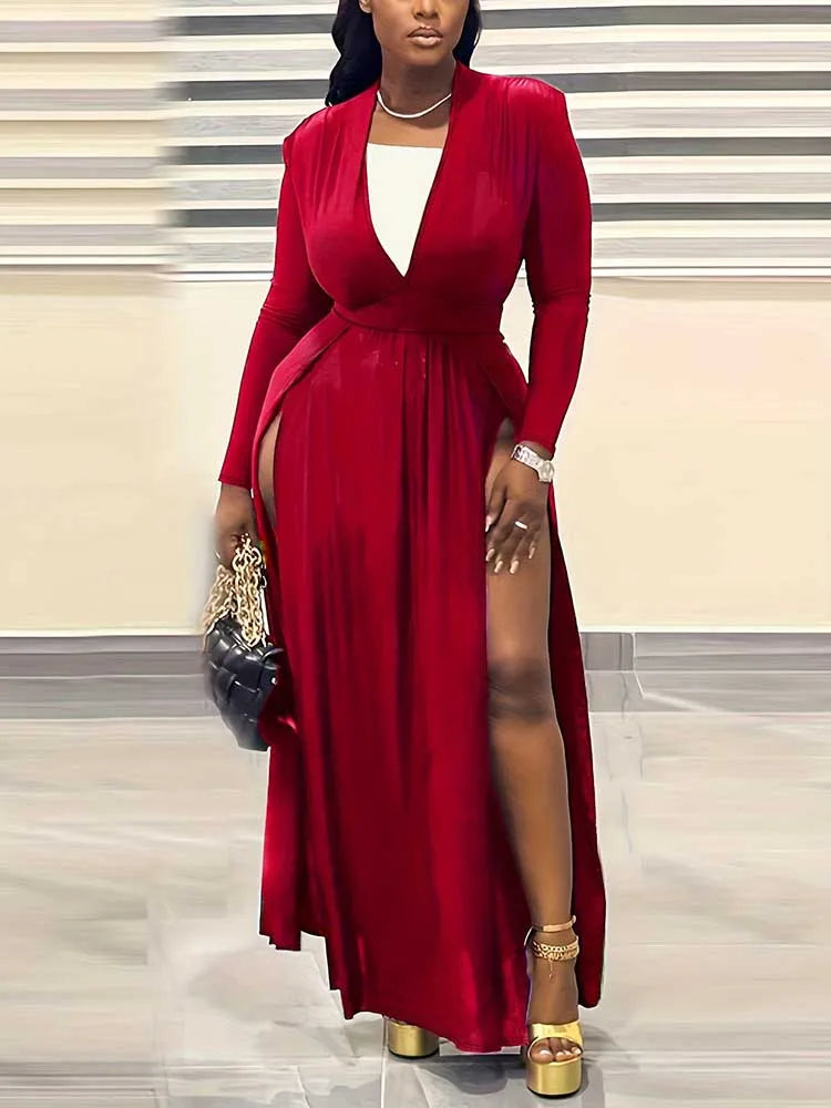 Robe Longue Fluide À Manches Longues Avec Fentes Pour Femme