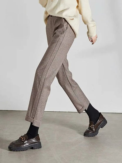 Pantalon élégant à taille haute en tweed de laine femmes