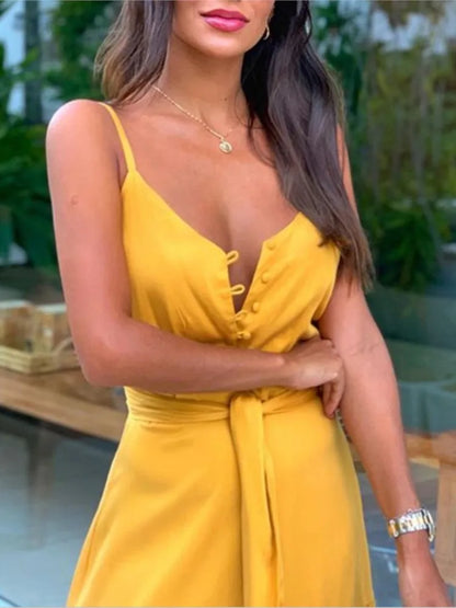 Robe Sans Manches À Col En V Mi Boutonnée Chic Pour Femme