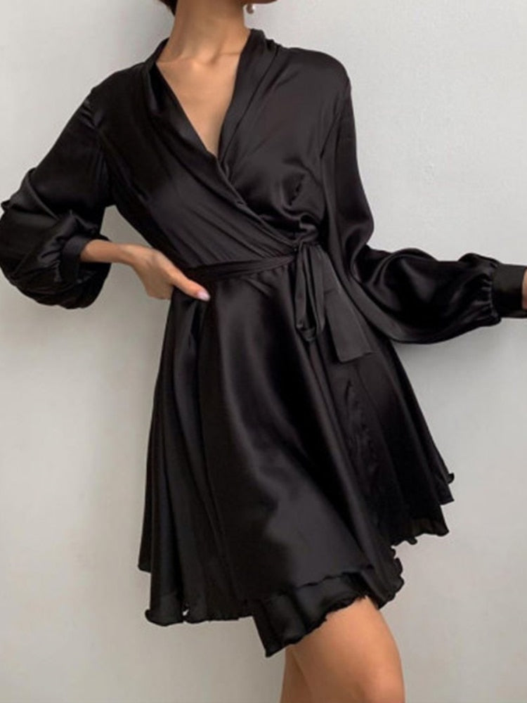 Robe Femme Chic Col V Manches Longues Bouffantes