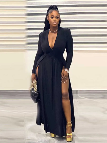 Robe Longue Fluide À Manches Longues Avec Fentes Pour Femme