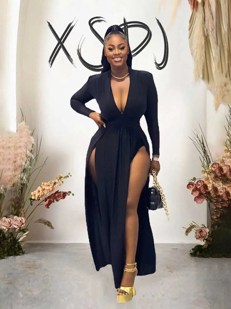 Robe Longue Fluide À Manches Longues Avec Fentes Pour Femme