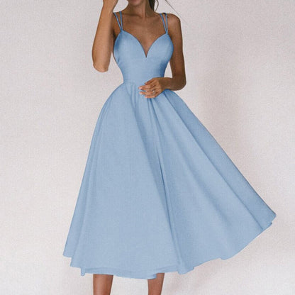 Robe Midi Évasée Sans Manches À Col V Sophistiquée Femme
