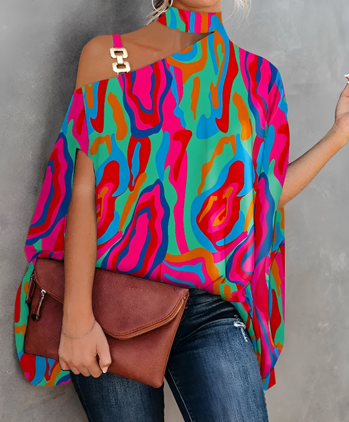 Blouse Femme Chic Asymétrique Imprimé Une Épaule