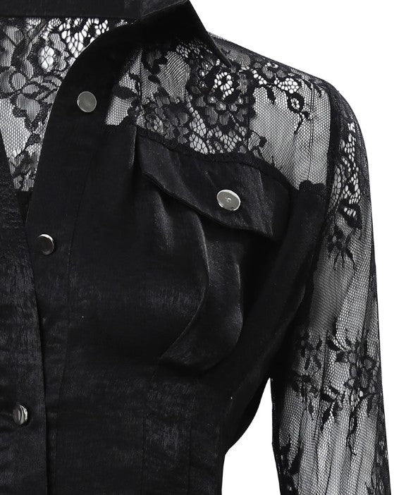 Robe Mini Boutonnée En Dentelle Manches Longues Pour Femme