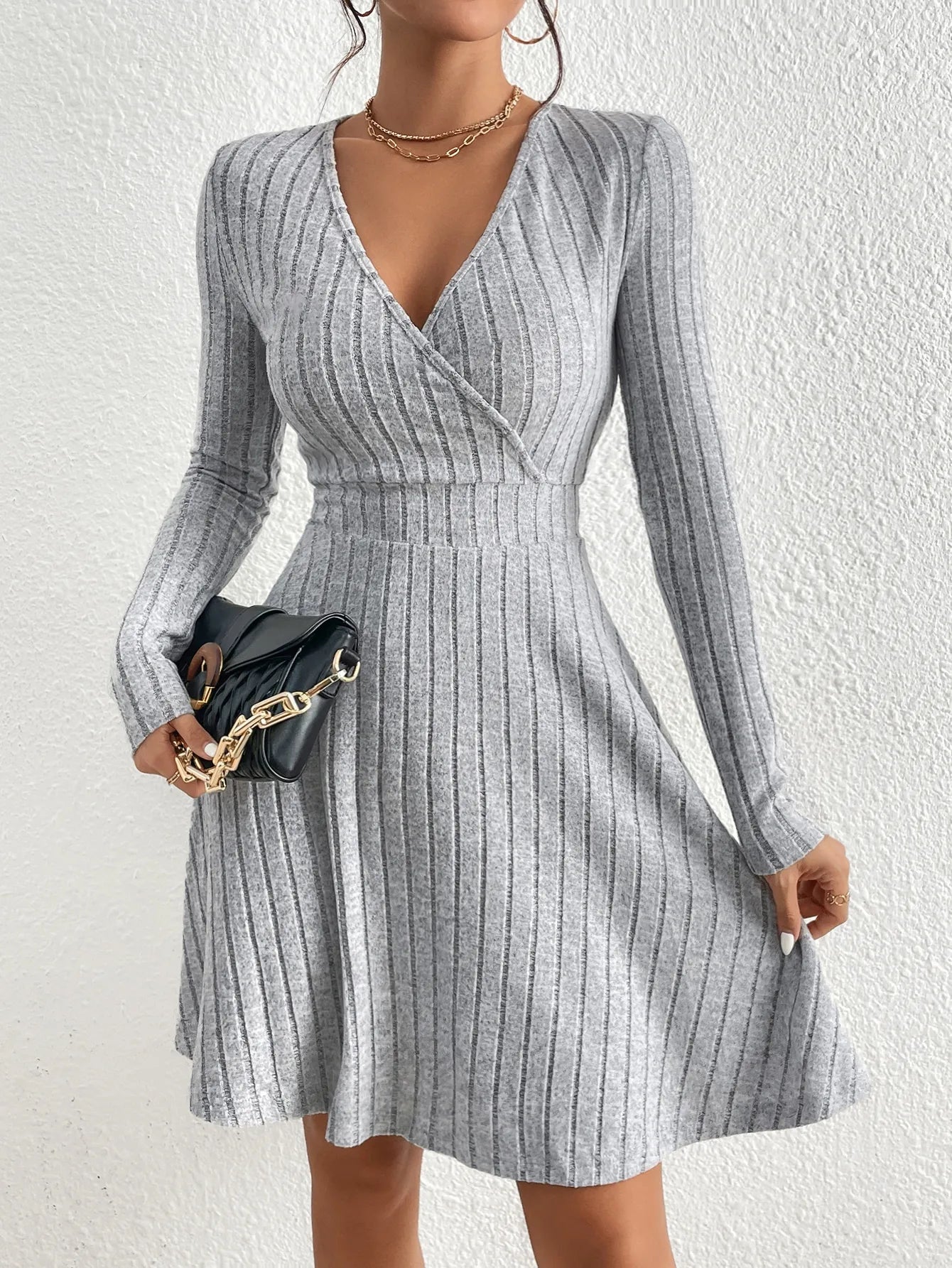 Robe Midi Tricotée Élégante Manches Longues pour Femme