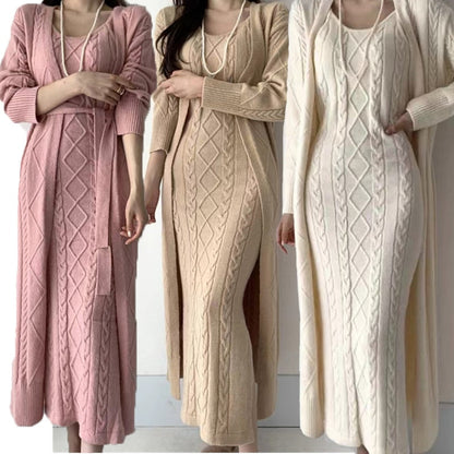 Ensemble élégant robe longue et cardigan en tricot femme