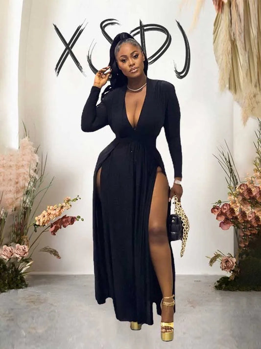 Robe Longue Fluide À Manches Longues Avec Fentes Pour Femme