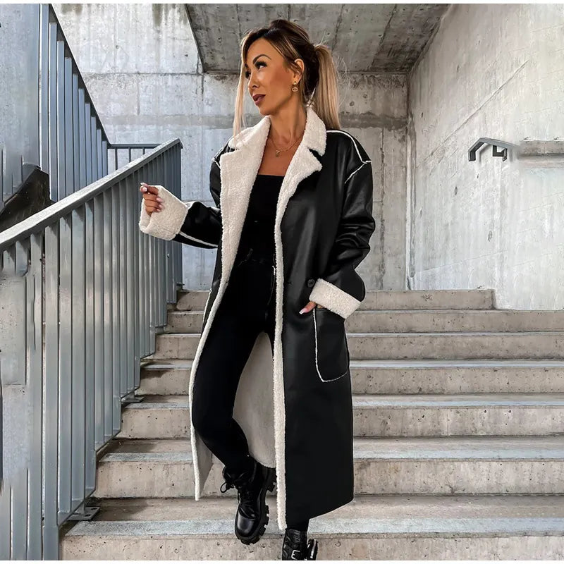 Veste Longue en Cuir avec Fourrure pour Femme