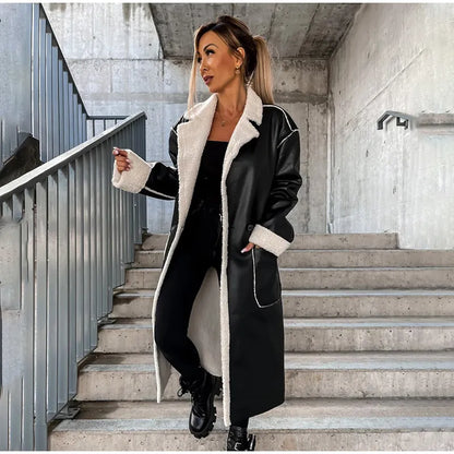 Veste Longue en Cuir avec Fourrure pour Femme