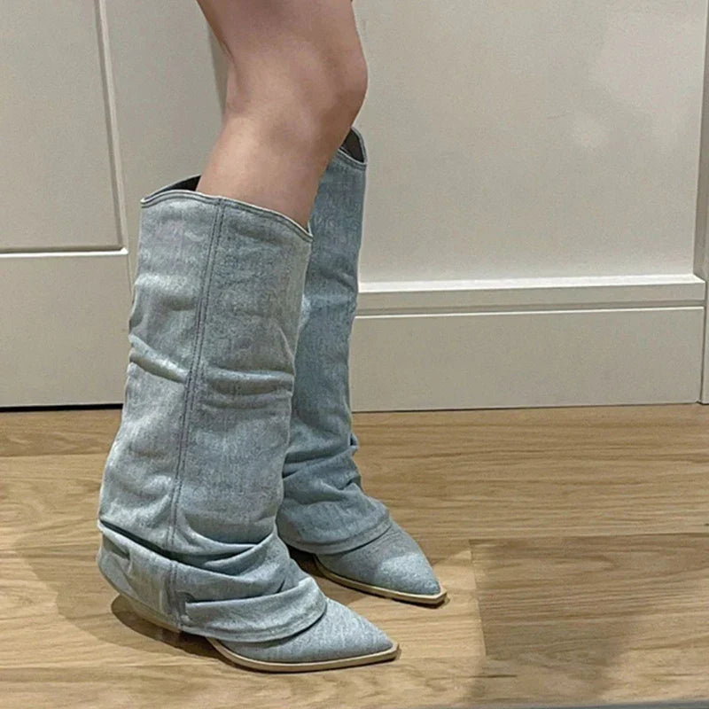 Bottes Genou Denim Élégantes pour Femmes