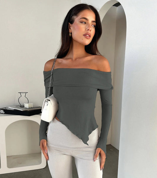 Blouse Femme Slimming Épaules Dégagées Manches Longues