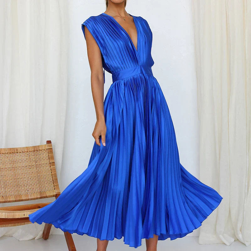 Robe Midi Plissée À Col V Chic Pour Femme