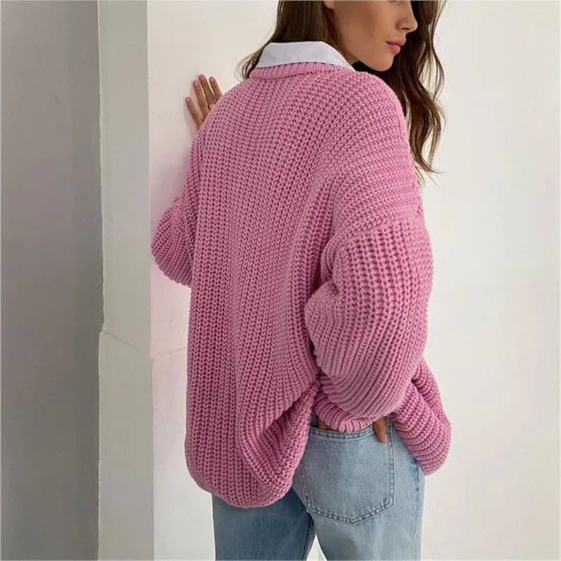 Pull Tricoté à Col Rond Confortable pour Femmes