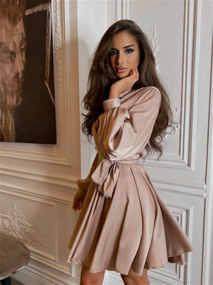 Robe Femme Chic Col V Manches Longues Bouffantes