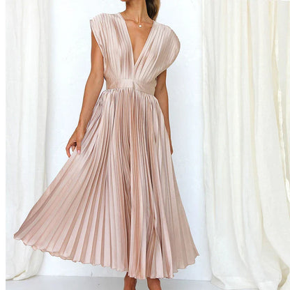 Robe Midi Plissée À Col V Chic Pour Femme