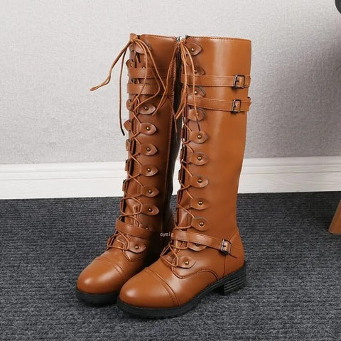 Bottes en Cuir Vintage à Lacets Plats pour Femme Jusqu'aux Genoux