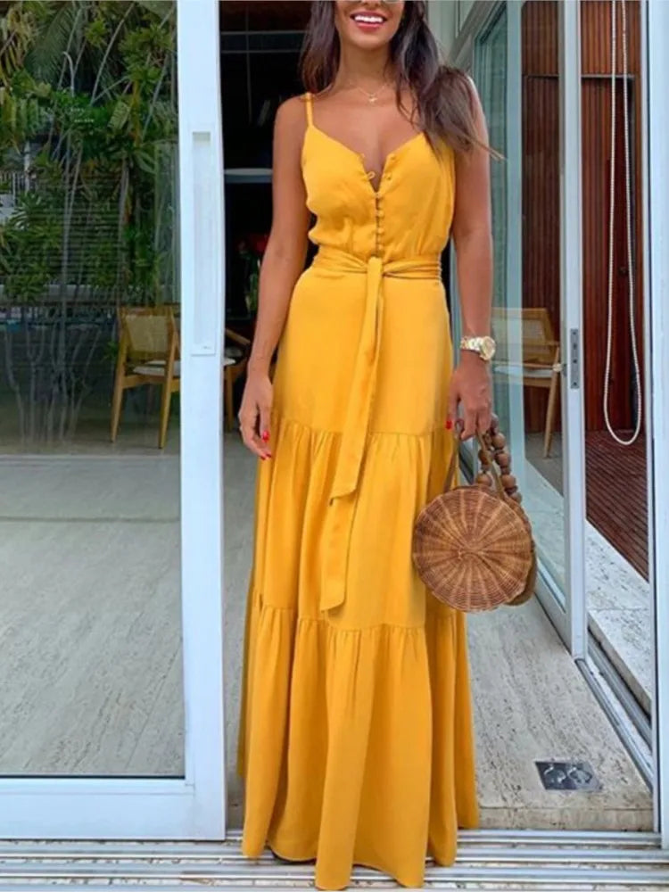 Robe Sans Manches À Col En V Mi Boutonnée Chic Pour Femme