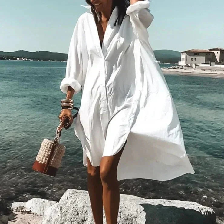 Robe Chemise Ample Boutonnée à Manches Longues Femme