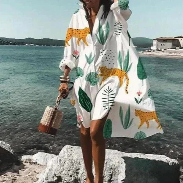 Robe Chemise Ample Boutonnée à Manches Longues Femme
