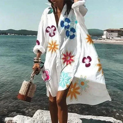 Robe Chemise Ample Boutonnée à Manches Longues Femme