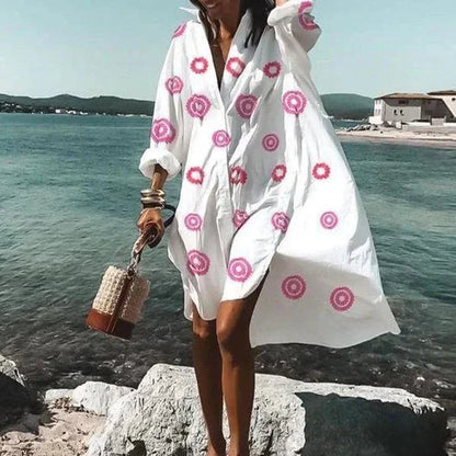 Robe Chemise Ample Boutonnée à Manches Longues Femme