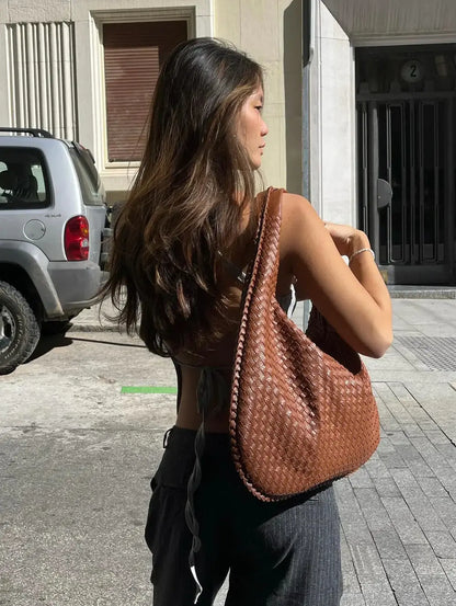 Grand sac à bandoulière en cuir tressé pour dames