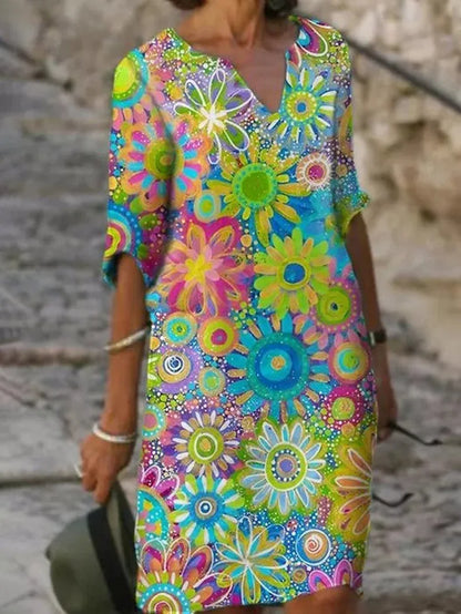 Robe Midi à Col V Florale Colorée pour Femmes