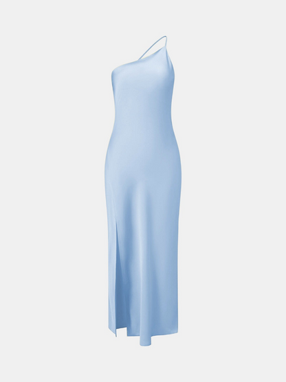 Robe Longue Évasée en Soie à Épaule Dénudée pour Femme