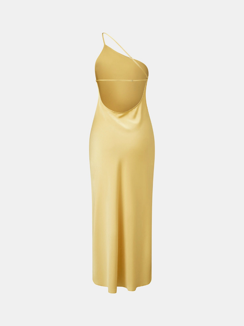 Robe Longue Évasée en Soie à Épaule Dénudée pour Femme