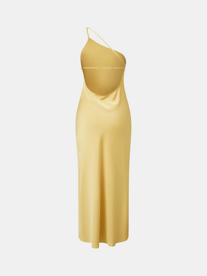 Robe Longue Évasée en Soie à Épaule Dénudée pour Femme