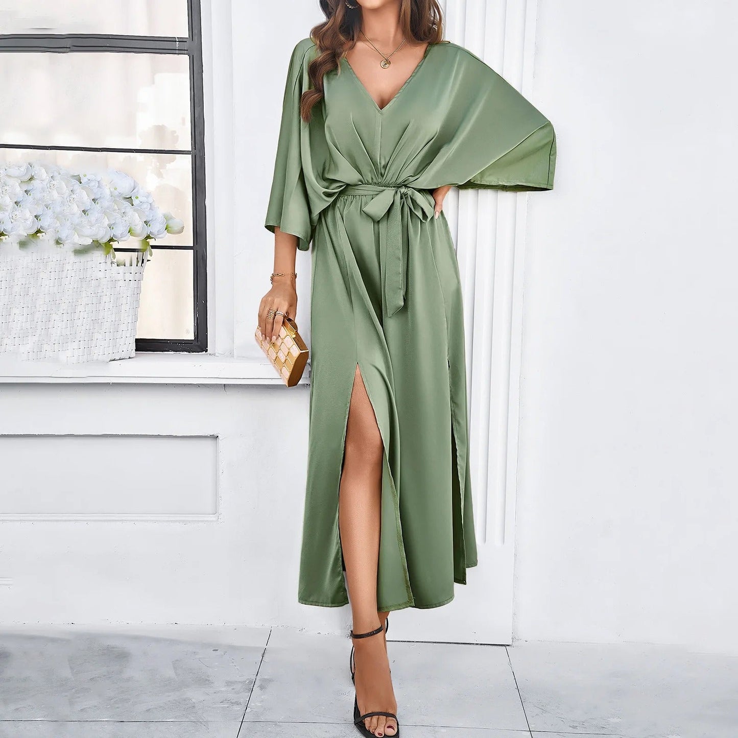 Robe Midi à V Fendue Exquise pour Femmes