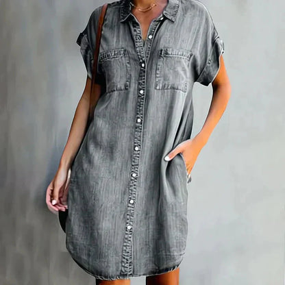 Robe en Jean à Manches Courtes Boutonnée pour Femme