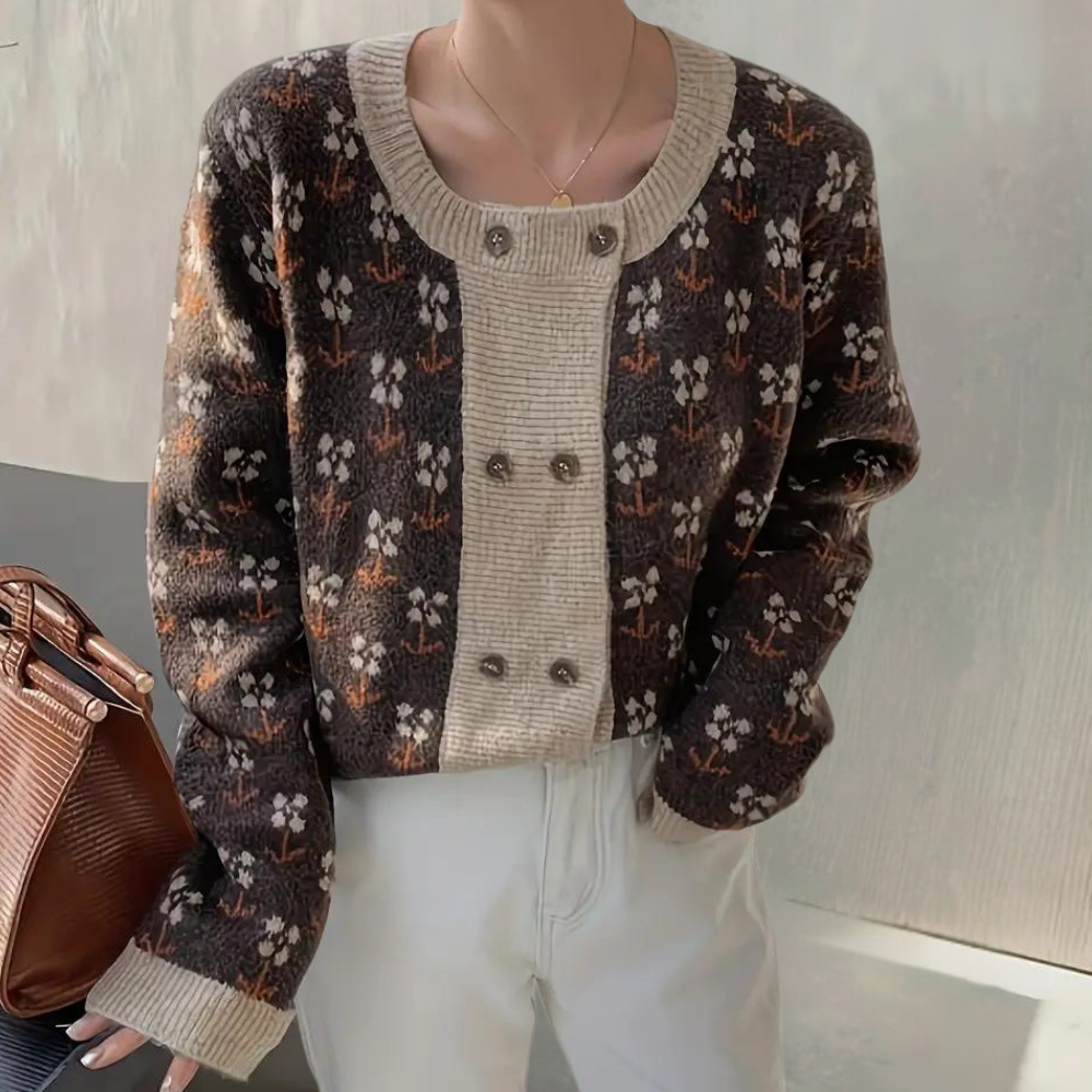 Cardigan Tricoté à Boutons et Floraux pour Femme