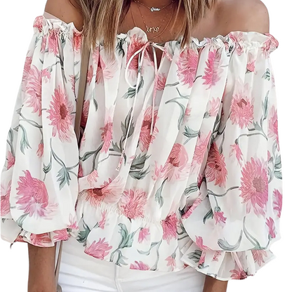 Blouse florale sans épaules avec manches bouffantes