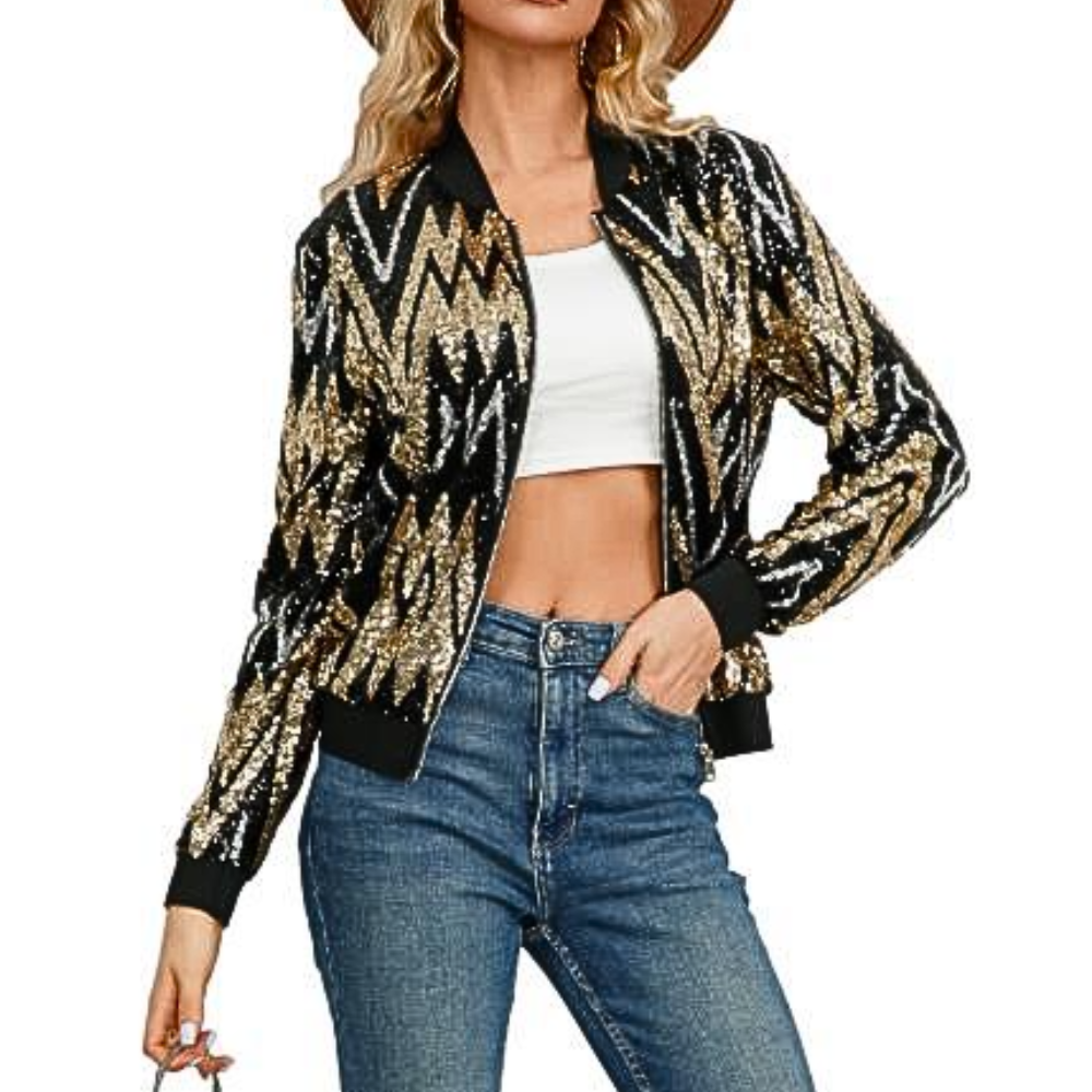 Veste Zippée à Design Aztec en Sequins Or pour Femmes