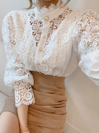 Blouse Blanche à Manches Longues en Dentelle Femmes