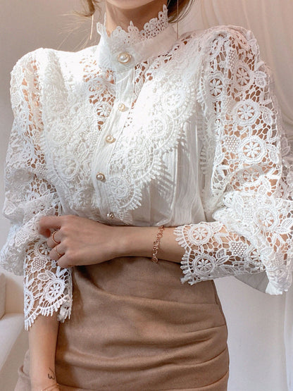 Blouse Blanche à Manches Longues en Dentelle Femmes