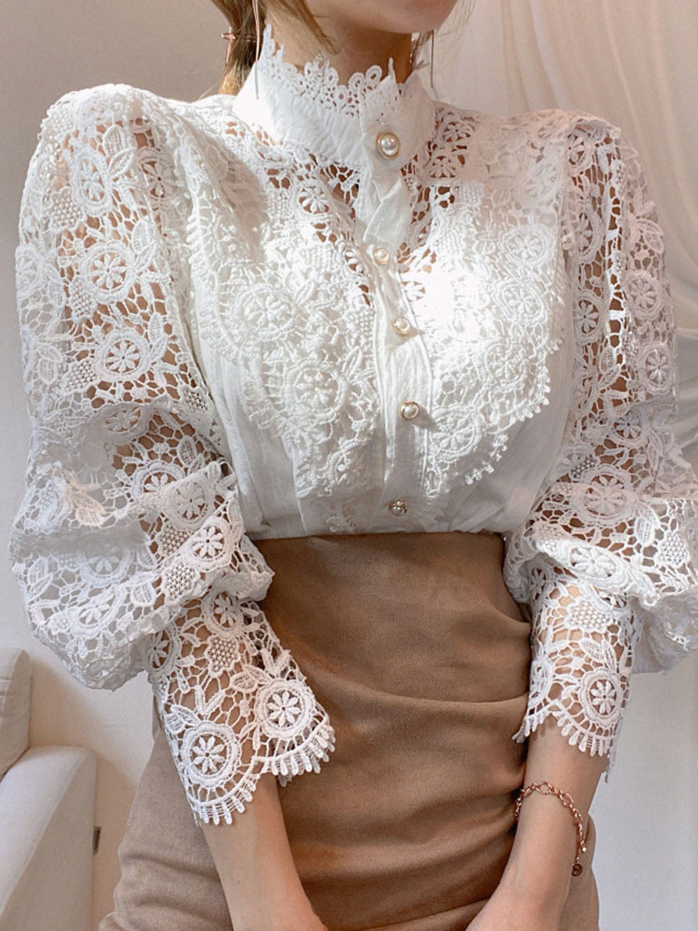 Blouse Blanche à Manches Longues en Dentelle Femmes