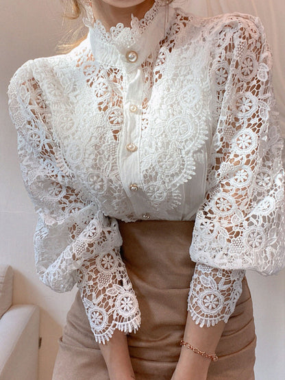 Blouse Blanche à Manches Longues en Dentelle Femmes