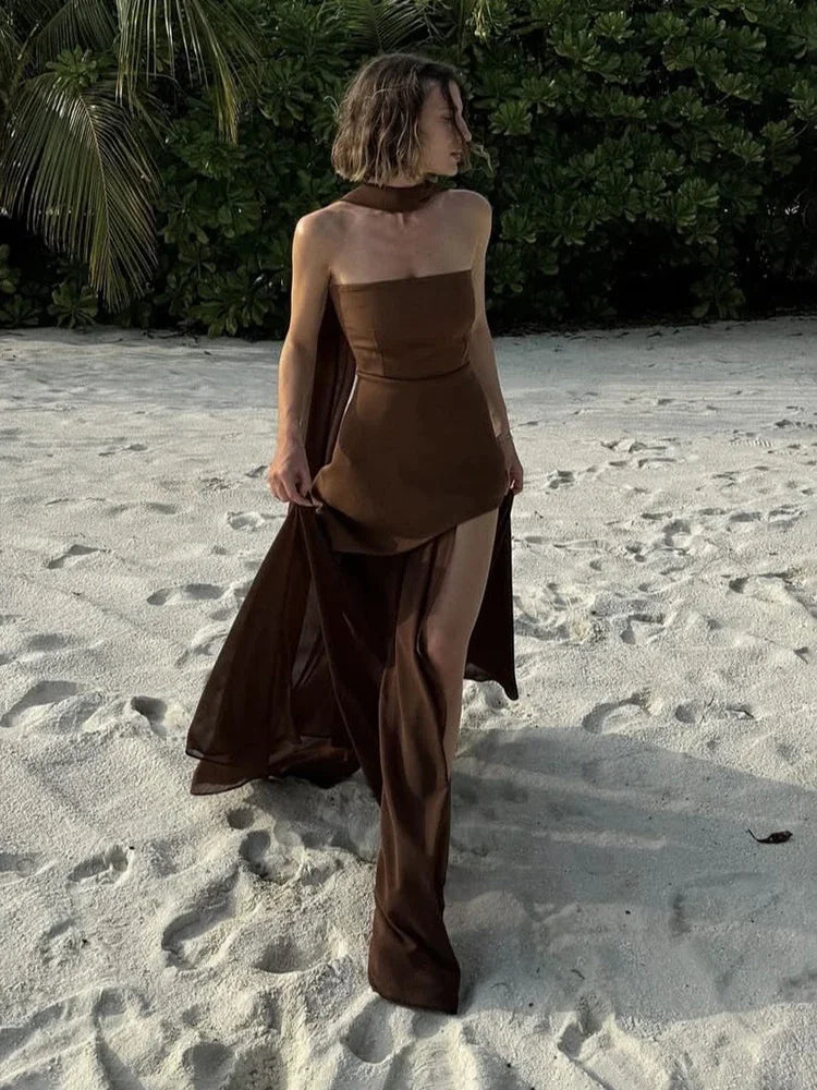 Robe longue asymétrique en mousseline pour femme